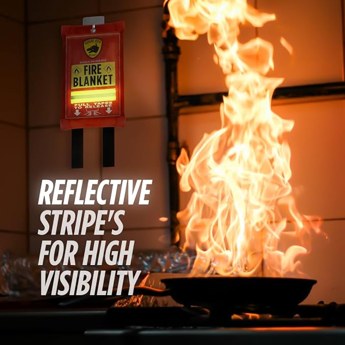 Guard Dog Security Fire Blanket with Reflective Strip & Hooks - Emergency Fire Blanket for Home and Kitchen, Fire Safety Blanket for Camping, Fireplace, Grill, BBQ, Car, Fire Retardant Blanket