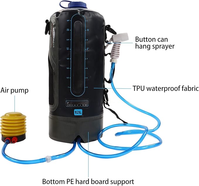Topyond Camping Shower Bag, 12L Capacity Portable Shower Bag with Pump and Water Tube for Outdoor Backpacking,Outdoor Water Storage Bags Camping Accessories for Camping, Beach, Hiking, Climbing