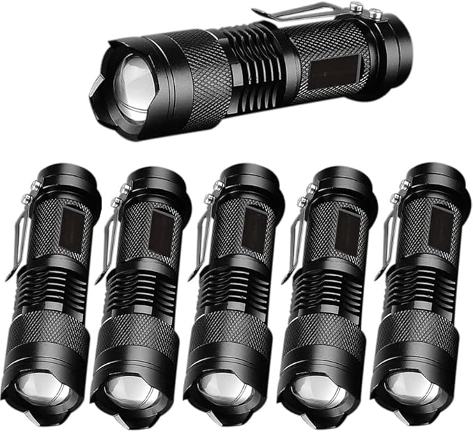 MODOAO 6 Pack Mini Flashlights LED Flashlight 7W 350LM 3 Mode Flashlight Torch Adjustable Focus Zoomable Light,Skid-Proof Design & Waterproof Design (Black)