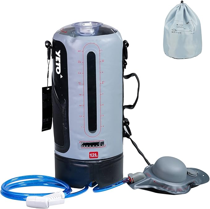 YETO Portable Camping Shower 12L Solar Camping Shower Bag with Foot Pump and Sprayer
