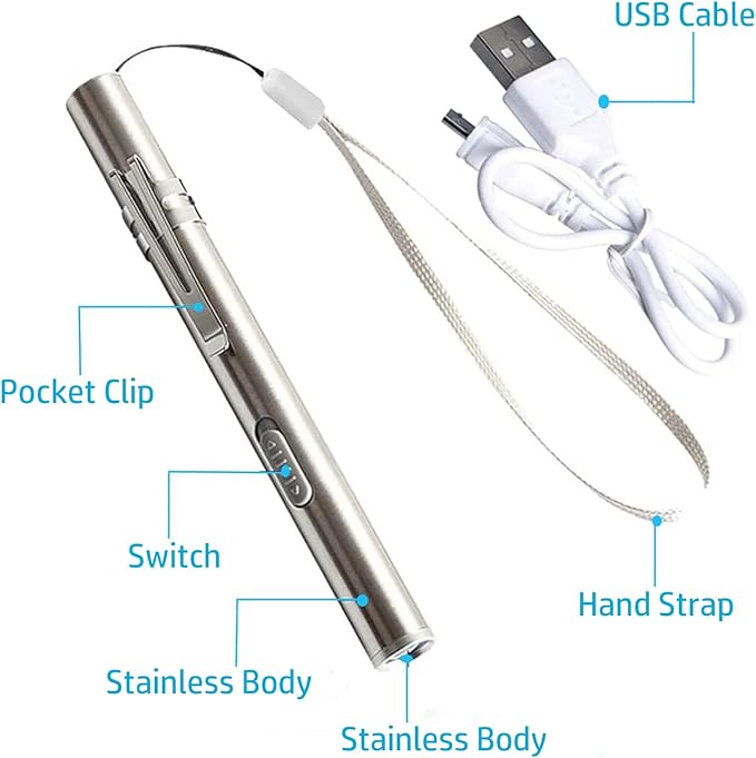 yuentoen Pen Light Flashlight, Rechargeable LED Super Bright Flashlight with Stainless Steel Clip and USB Cable for Home Camping Outdoor and Emergency - Silver