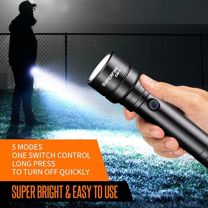 SuperFire Rechargeable Flashlight High Lumen,Zoomable Small Flashlight 3600 Lumen Led Flash Light,IP46 Water Resistance,5 Modes,for Emergency Outdoor Use,Camping,Hiking,Walking