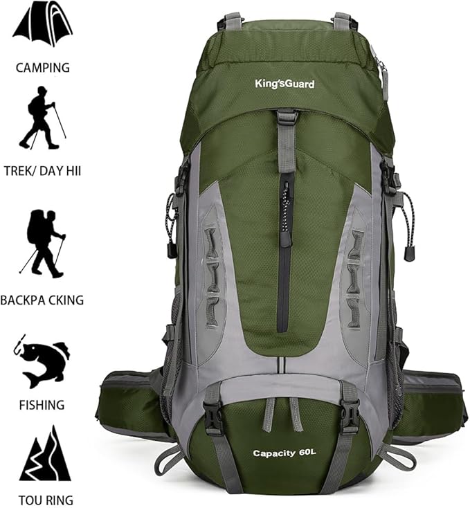King'sGuard 60L Hiking Backpack Men Women Camping Backpack Waterproof Backpacking Mountaineering Climbing Daypack with Rain Cover (Army Green)