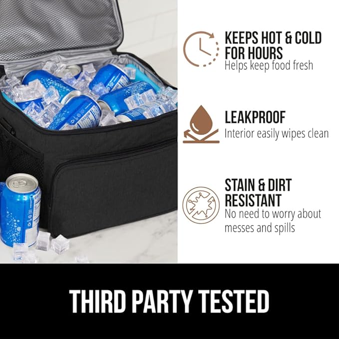 GORILLA GRIP Reusable Insulated Lunch Box Bag for Women Men, Large Leakproof Soft Cooler Bags, Multiple Compartments, Mesh Pockets, Adjustable Strap, Food Tote Keeps Drinks Cold, 8L, 10x9, Black