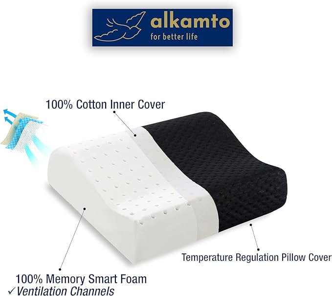 Travel & Camping Comfortable Memory Foam Pillow with Extra Cotton Cover – Easy to Carry Portable Bag – Temperature Regulating Pillow Case