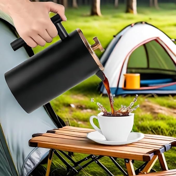 Black French Press Stainless Steel 34oz, Double Wall Insulated Coffee Press 1L for travel camping with 2 Extra Filter Screens and 1 Coffee Spoon(8cup 1000ml)