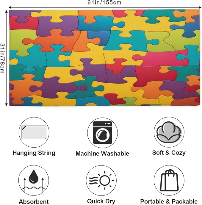 Colorful Jigsaw Puzzles Pattern Beach Towel Oversized Quick Dry Beach Blanket Microfiber Sand Free Absorbent Lightweight Bath Towel for Pool Travel Swimming Camping Women Men, 30" x 60"