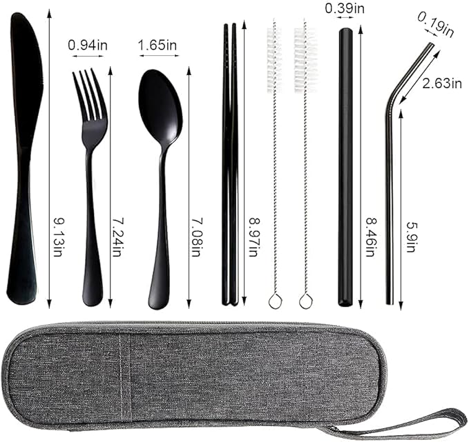 Portable Utensils Set,Reusable Travel Cutlery Set with Case Stainless Steel Flatware Set for Camping 8pcs Including Dinner Knife Fork Spoon Chopsticks Boba Straw (Black)