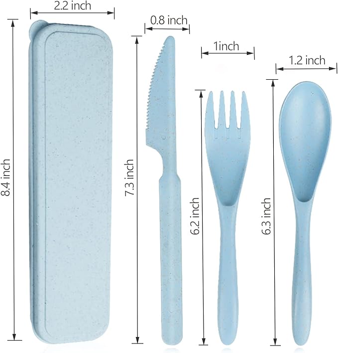 Reusable Travel Utensils Set with Case, Blue Wheat Straw Portable Knife Fork Spoons Tableware, Eco-Friendly BPA Free Plastic Cutlery Travel Picnic Camping Utensils for Kids Adults Daily Use