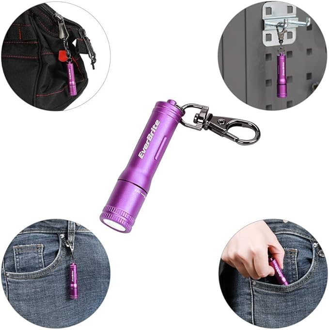 EverBrite Keychain LED Flashlight Mini Bright Key Ring Portable Pocket Torch for EDC, Party Favors, Night Reading, Camping, Power Outage, Emergency, AAA Battery Included, Purple