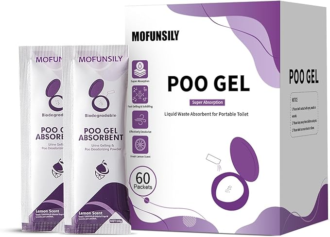 Portable Toilet Absorbent Poo Powder,60 Packets Eco Poo Gel for Portable Toilet,Fast-Absorbing Camping Toilet Chemicals,Deodorizing Treatment for Camping Outdoor Hiking