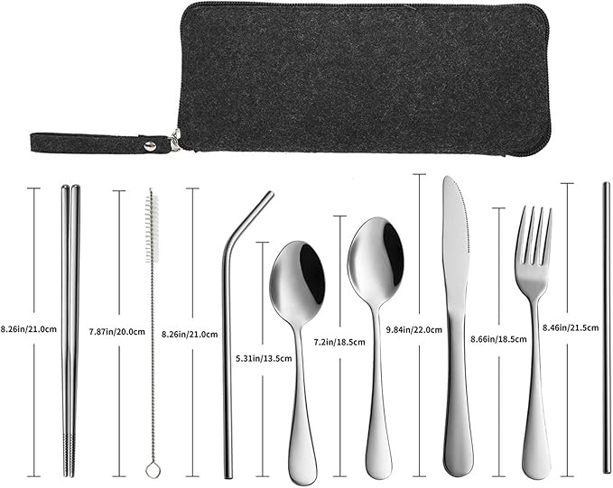 VANDBAO Portable Travel Utensils, Reusable Silverware with Case for Fixing Tableware, 9 Pieces Stainless Steel Stable Flatware Set, Camping Picnic Cutlery Set (Silver Set)