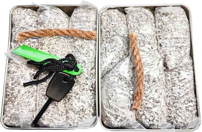 Emergency Fire Starter Magnesium 6 Bags Wax Infused Jute Rope Ferro Rod Striker Saw Wire for Camping Hiking Bushcraft Hurricane + Tin Container