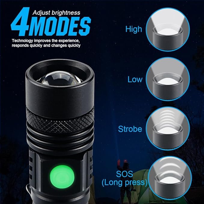 NAKCNM 2 Pack Rechargeable LED Flashlight Powerful Pocket-Sized Small Flashlights 2000 Lumen Super Bright Waterproof Flashlight 4 Modes Adjustable Focus Flash Light for Outdoor Camping Hiking