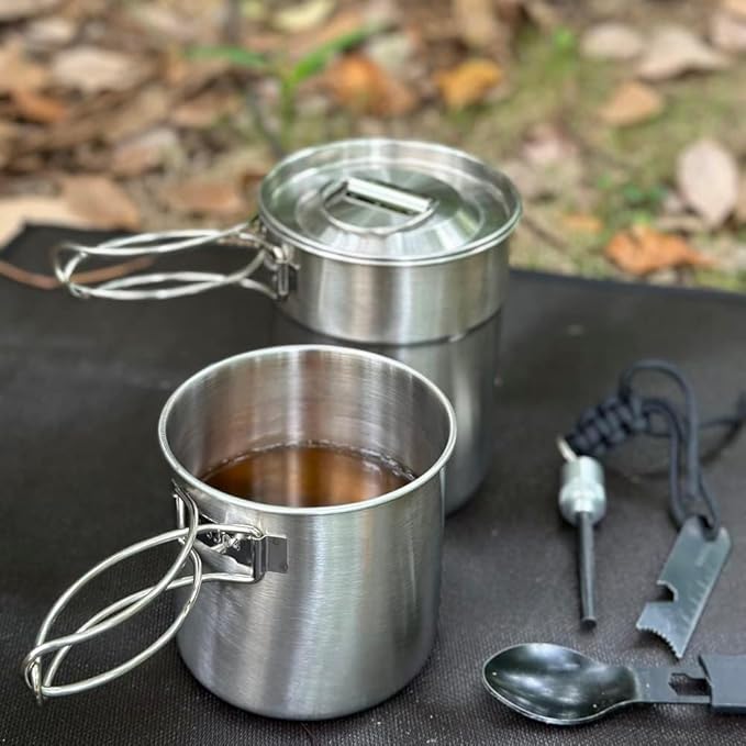 2Pcs 4Pcs Foldable Camping Cups and Mugs Pot 304-Food-Grade Stainless Steel Outdoor-cookware-Set with Vented lid