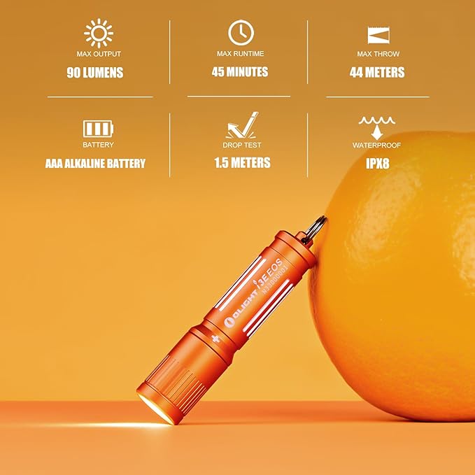 OLIGHT 90 Lumens i3E EOS PMMA TIR Lens AAA Flashlight Compact Keychain Flashlight EDC Flashlight for Night, Camping(Vibrant Orange)