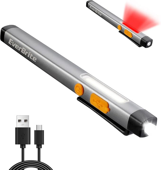 EverBrite Pen Flashlight, Rechargeable LED Pen Light, COB Light with White and Red Modes, Memory Function, USB C Cable, 6 Modes Pocket Light with Clip and Magnet, Waterproof, for Camping, Emergency