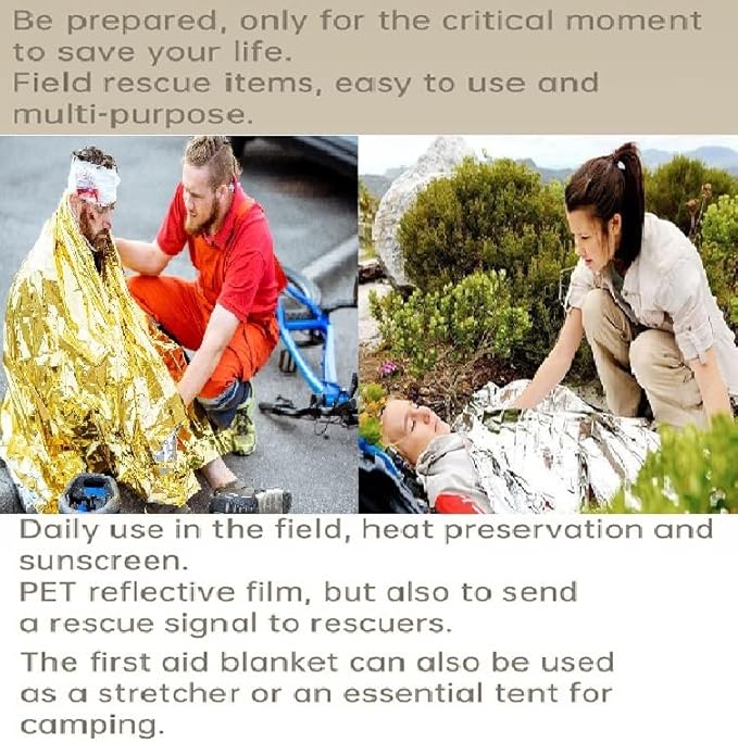 GALAXYLENSE Emergency Mylar Thermal Blanket for Survival First Aid Kits Army Outdoors Hiking Camping Bug Out Trauma Desert All Weather Condition Protection (10 Packs Gold)