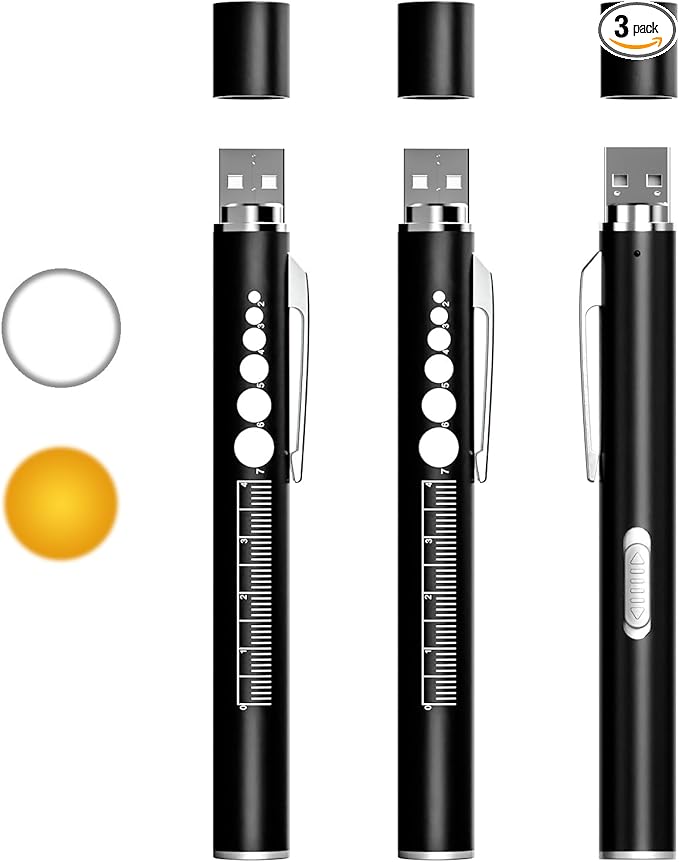 COSOOS 3 Rechargeable Penlights Flashlight with Pupil Gauge & Ruler, Mini LED Pen Lights for Nurses Doctors, Warm/White Light with Clip, USB Rechargeable Penlight for Nursing Student