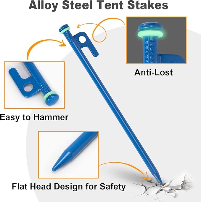 10 inch Tent Stakes Heavy Duty 12 PCS Camping Tent Stakes for Yard and Ground with Reflective Camping Ropes and Pegs Bag(Blue)
