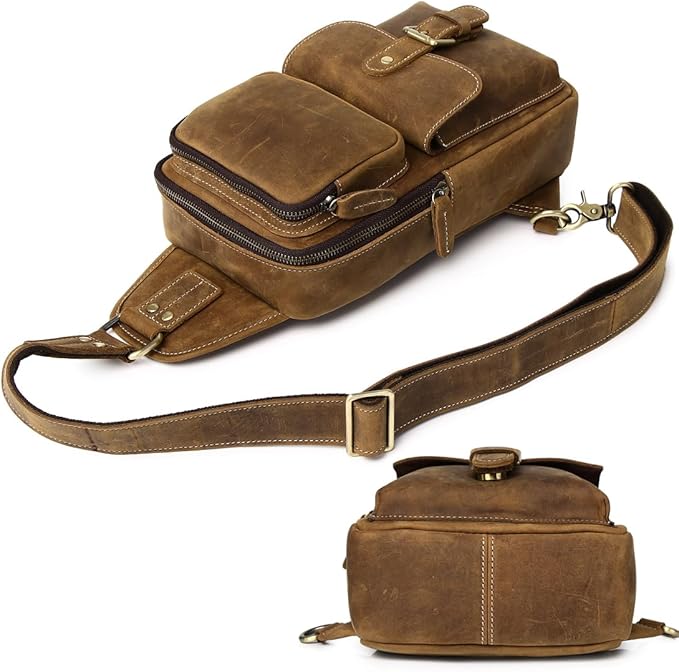 KPYWZER Sling Bag Men Women Vintage Full Grain Genuine Leather Shoulder Backpack Satchel Chest Casual Daypack Crossbody Outdoor Day Pack Backpacks Brown