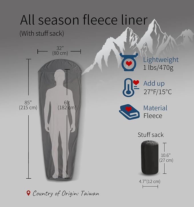 All Season Fleece Sleeping Bag Liner Adds Up to 27°F/ 15°C, Lightweight Mummy Sleeping Sack for Cold Weather and Winter Backpacking, Camping, Traveling with Drawstring Hood and Stuff Sack E629