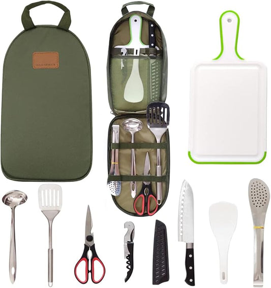 Camp Kitchen Utensil Organizer Travel Set Portable BBQ Camping Cookware Stainless Steel Utensils Travel Kit Outdoor Equipment Cutting Board Tongs Scissors Knife Ladle Spatula