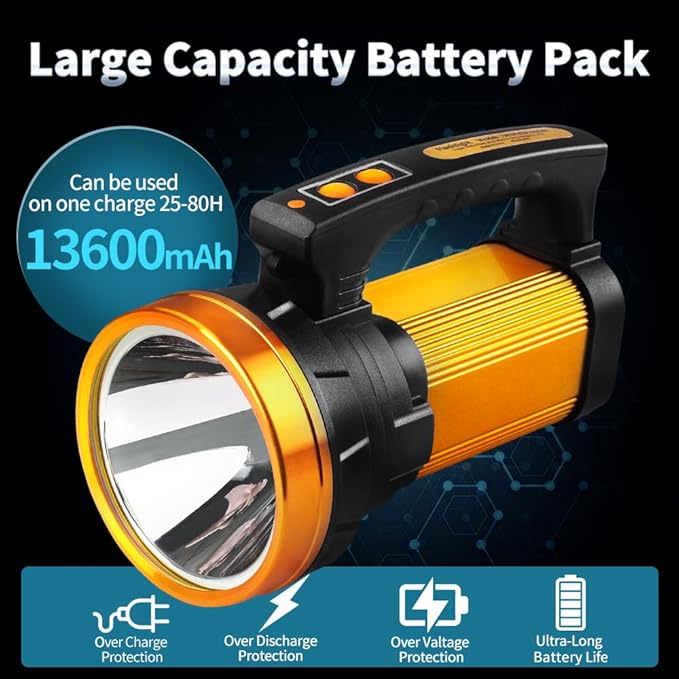 1000,000LM Spotlight 13600mAh Spotlight Flashlight 80H Long Lasting IP67 Waterproof Rechargeable Spotlight 3Modes Spot Light for Outdoor Indoor Camping Home Emergency