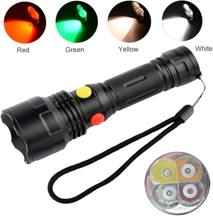 BESTSUN 4 Color in 1 Outdoor Flashlight with Red Green White Yellow Light, Multiple Color Flashlights Road Signal Torch for Night Vision, Camping, Hiking, Fishing