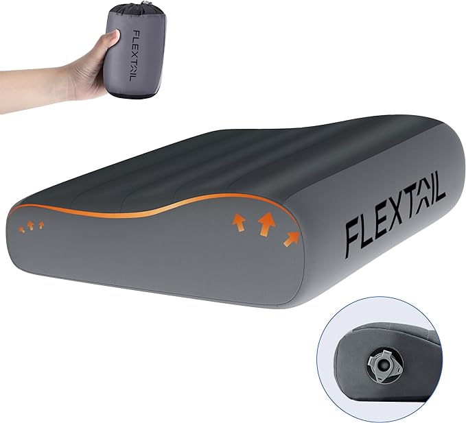 FLEXTAILGEAR Inflatable Camping Pillow, Ultralight Travel Pillows for Airplanes, Hiking, Road Trip, Office - Neck Pillow with Washable Cover & TPU Bladder - Perfect for Neck Lumbar Support
