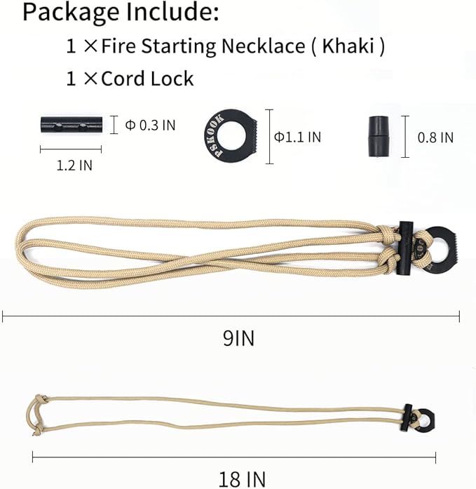 PSKOOK Fire Starter Necklace, Survival Paracord Necklace with Flint and Steel, Bushcraft Necklace for Camping, Hiking and Backpacking