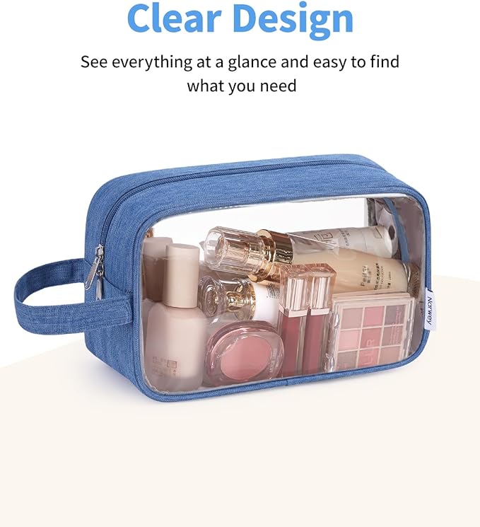 Narwey Clear Travel Toiletry Bags for Traveling Toiletries Men Women, Clear Makeup Bag Cosmetic Bag with Zipper, Make Up Pouch Organizer Bags with Handle, Skincare Bag (Navy Blue)