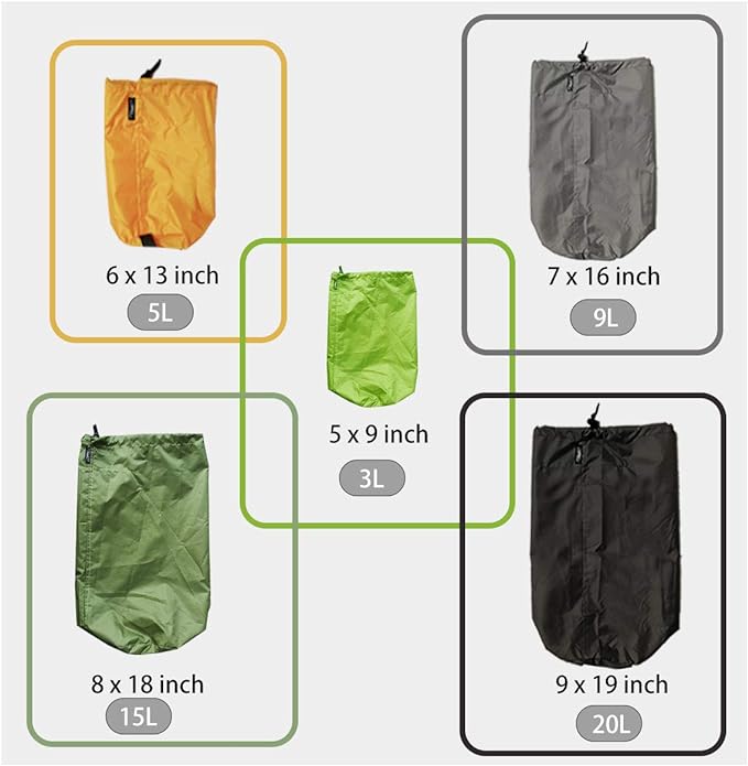 Frelaxy Stuff Sack Set 5-Pack (3L&5L&9L&15L&20L), Ultralight Ditty Bags with Dust Flap for Traveling Hiking Backpacking