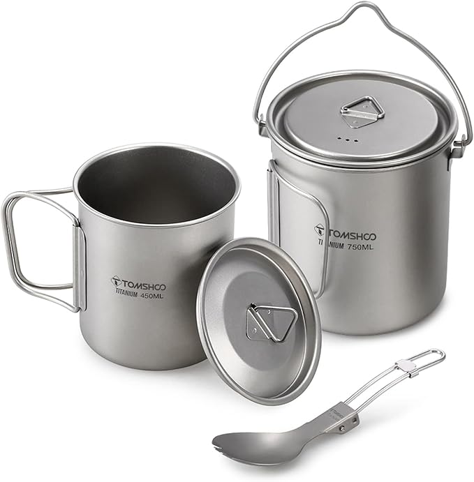 TOMSHOO Camping Titanium Pot Outdoor Titanium Mug with Lid Camping Coffee Cup with Foldable Handle for Camping Hiking Travelling Backpacking Camping Open Fire
