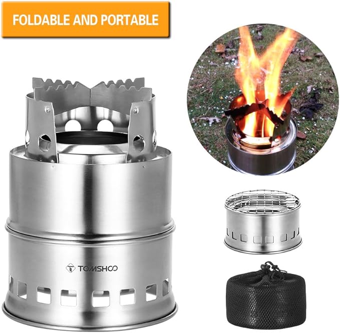 TOM SHOO Camping Stove Camp Wood Stove Portable Foldable Stainless Steel Burning Backpacking Stove for Outdoor Hiking Picnic BBQ