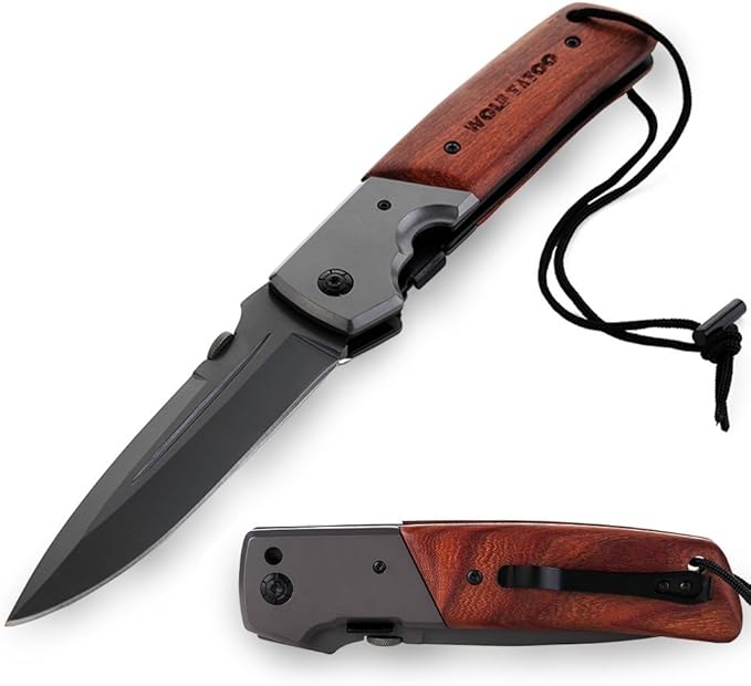 11 Inches Huge Pocket Folding Knife, 4.7 inches Titanium Plated Stainless Steel Large Blade, Red Wood Handle, Tactical Camping Survival Knives With Belt Clip For Men Gift WOLF TATOO