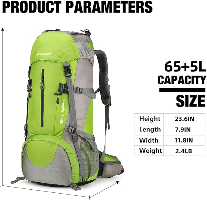 70L Camping Hiking Backpack with Rain Cover Waterproof Backpacking Backpack for Hiking Treeking Climbing Outdoor (Green)