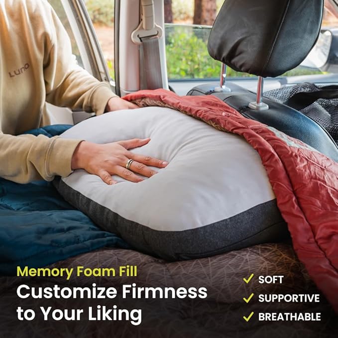 Luno Camping Pillow - Travel Friendly, Packable, Shredded Memory Foam Fill Travel Pillow. Washable Removeable Cover with Dual-Sided Comfort. Designed in The USA.
