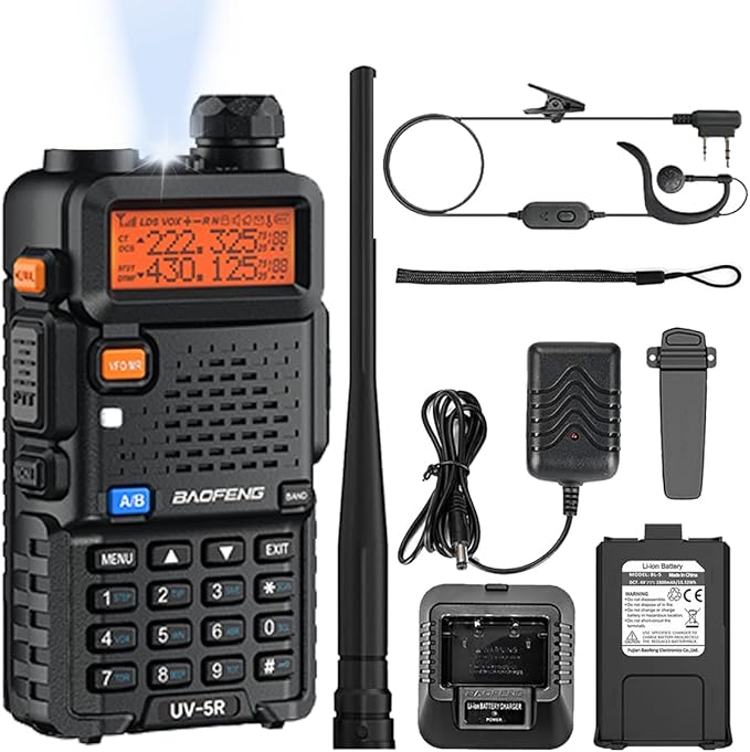 BAOFENG UV-5R Two Way Radio Long Range Walkie Talkies for Adults Handheld Ham Radio with 128 Channels, DTMF, VOX, SOS, Flashlight, 1800mAh Rechargeable Battery, Earpiece