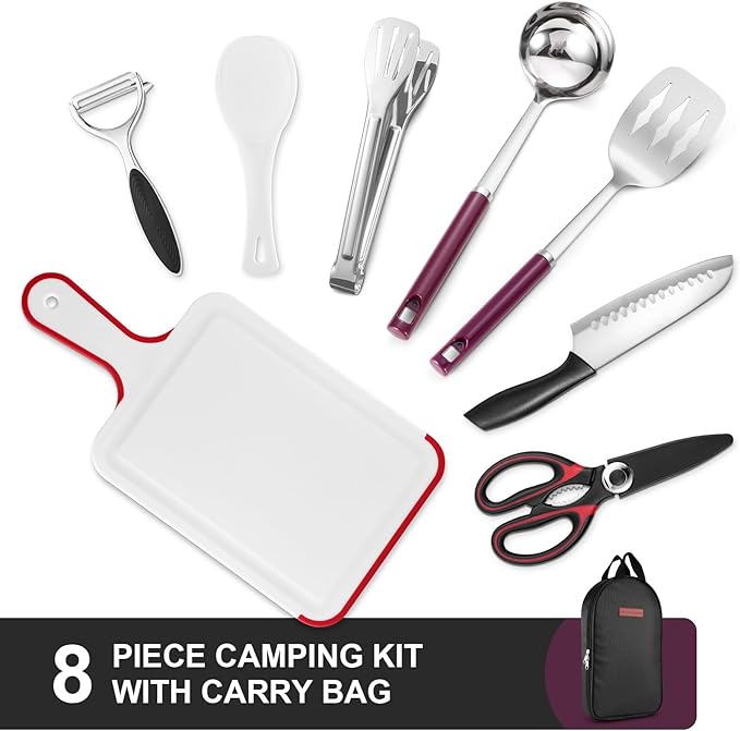 Odoland 8 Pcs Camping Cookware Utensils Travel Set, Camp Kitchen Utensil Organizer with Tongs, Scissors, Cutting Board, Rice Paddle and Water Resistant Case for Backpacking, Outdoor Camping
