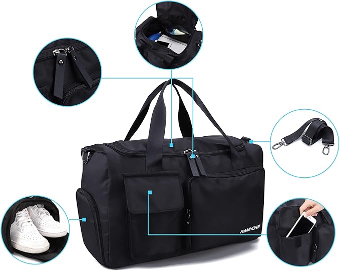 RAMHORN Travel Duffel Bag Gym Sports Luggage Bags Water Resistant Weekender Bag with Wet Pocket and Shoes Compartment Black