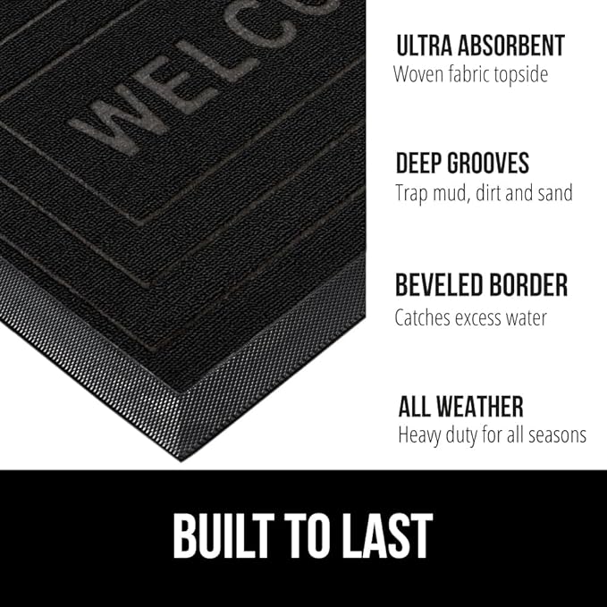 GORILLA GRIP 100% Waterproof All-Season WeatherMax Doormat, Durable Natural Rubber, Stain and Fade Resistant, Low Profile, Indoor Outdoor Door Mats, Easy Clean Entrance Mat, 17x29, Black Welcome