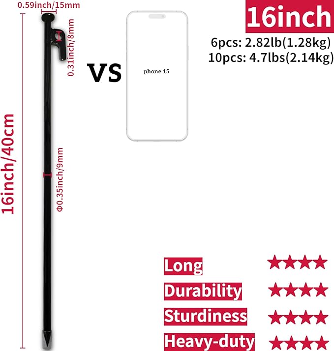 16inch 6 Packs Tent Stakes Heavy Duty Steel Large Tent Pegs for Camping Unbreakable Inflexible Extra Long Windproof