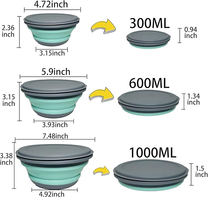 RMAMSCOV Camping Bowl, 3 PCS Food Grade Silicone Collapsible Bowl Lunch Box Salad Bowl with Lid, Expandable Food Storage Containers Set with Free folding tableware and storage bag (Blue)