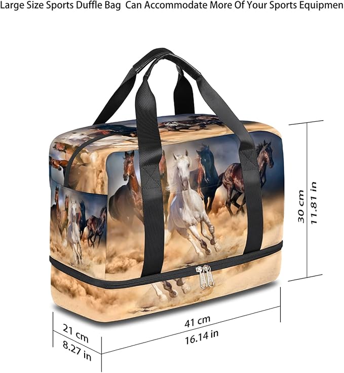 Horse Travel Duffel Bag, Desert Running Horse Weekender Overnight Bag Large Carry On Bag, Waterproof Sports Gym Bag Tote Workout Duffel Bag for Men Women