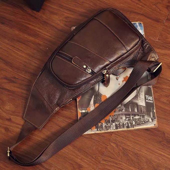 KPYWZER Genuine Leather Sling Backpack for Men Women Crossbody Shoulder Chest Bag Day Pack Outdoor Travel Camping Tactical Daypack Brown