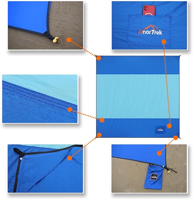 Beach Blanket Sandproof, Extra Large Beach Mat, Sand Free Mat Quick Drying, Lightweight, Soft & Durable Mat for Beach, Yard (Blue & Sky Blue, 6.6 x 6.6 FT (1~4 Person))