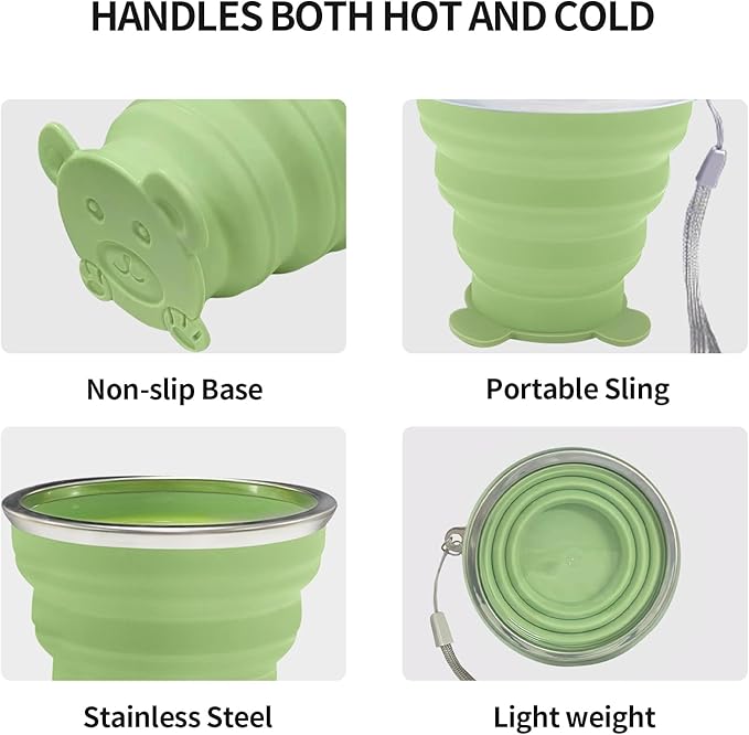 2 PCS Collapsible Cup - Silicone Small Foldable Cup-Expandable Folding Drinking Cup -Reusable Portable Mugs Cup with Lids For Travel, Camping, Hiking, Survival, Holiday Vacation White+Green