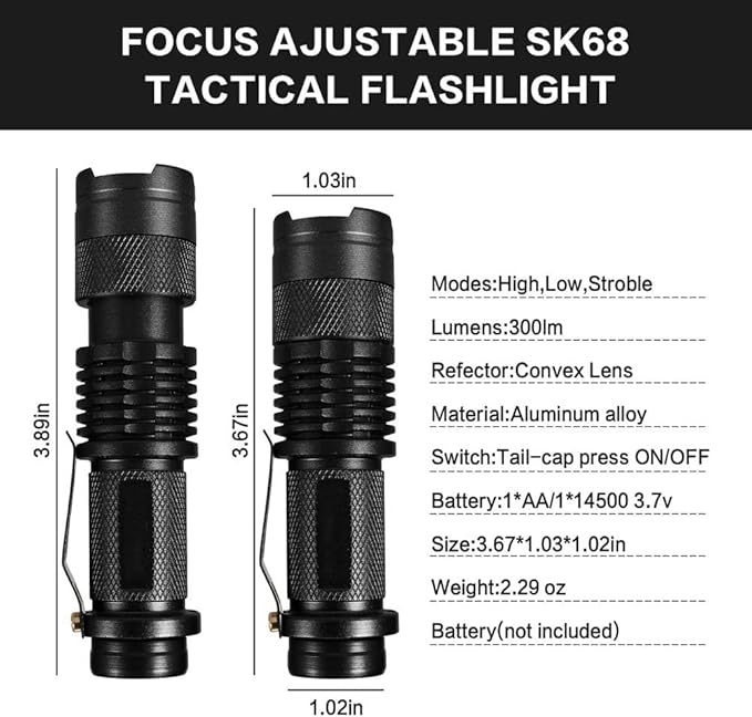 MODOAO 6 Pack Mini Flashlights LED Flashlight 7W 350LM 3 Mode Flashlight Torch Adjustable Focus Zoomable Light,Skid-Proof Design & Waterproof Design (Black)