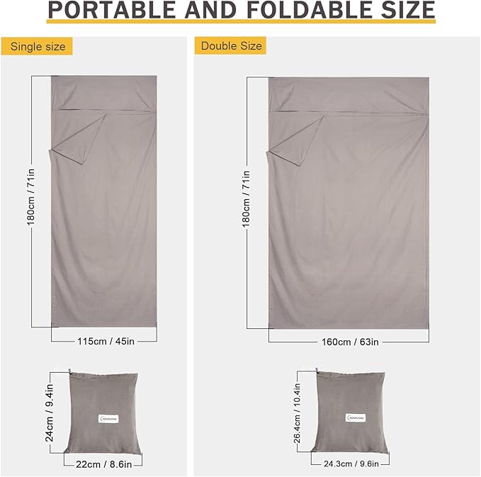 KOMUSMO Sleeping Bag Liner with Zipper, Ultralight Travel Sheets for Adults, Portable Sleep Sack Camping Sheet, Ideal for Traveling, Hiking, Tenting, Hotel and Camping